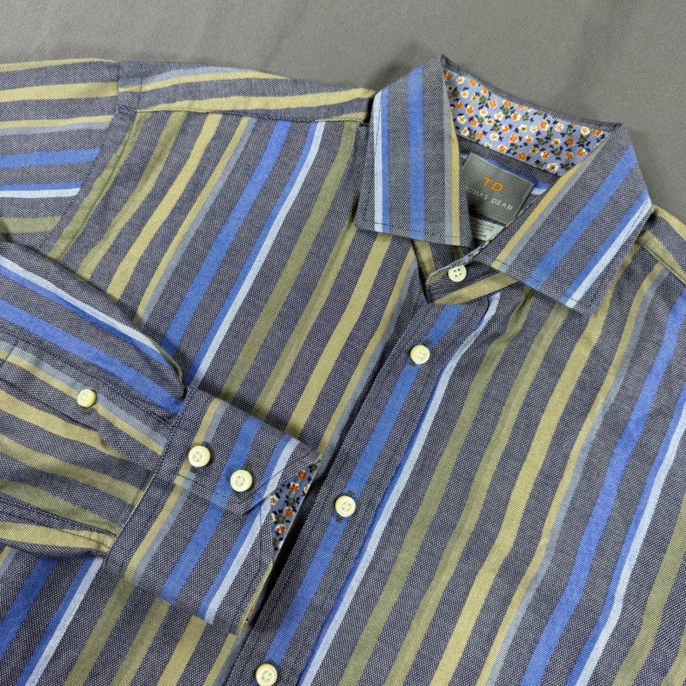 Thomas Dean Mens Medium Striped Button Down Shirt Blue Olive Long Sleeve Cotton